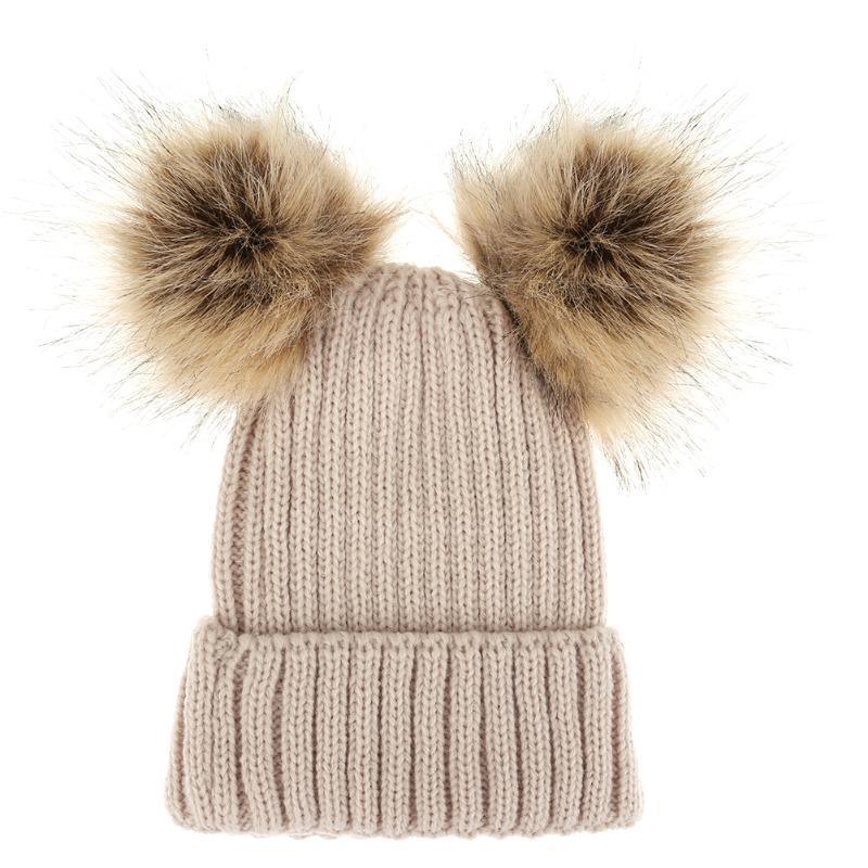 Fashion Parent-child Caps Cute Infant Baby Pom Pom Cap Winter Double Fur Ball Hat Baby Mom Warm Knitted Hat