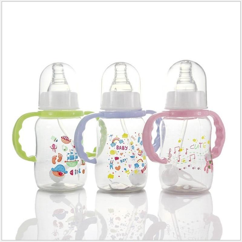 Unisex Baby 150/280ml Wide Mouth Soft Silicone Cover Straw Drinking Milk Bottle For Newborn Nursing Product With Handle