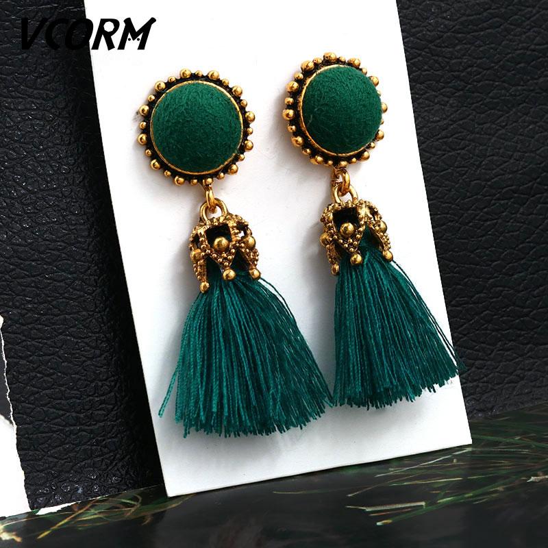 Bohemian Tassel Crystal Long Drop Earrings for Women Red Cotton Silk Fabric Fringe Earrings Fashion Woman Jewelry