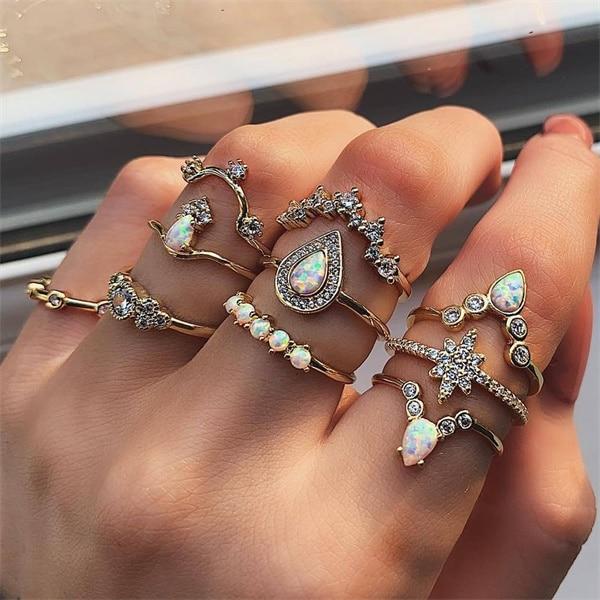 Trend Boho Vintage Gold Star Moon Rings Set For Women In Opal Crystal Ring Design Female Bohemian Jewelry  Style