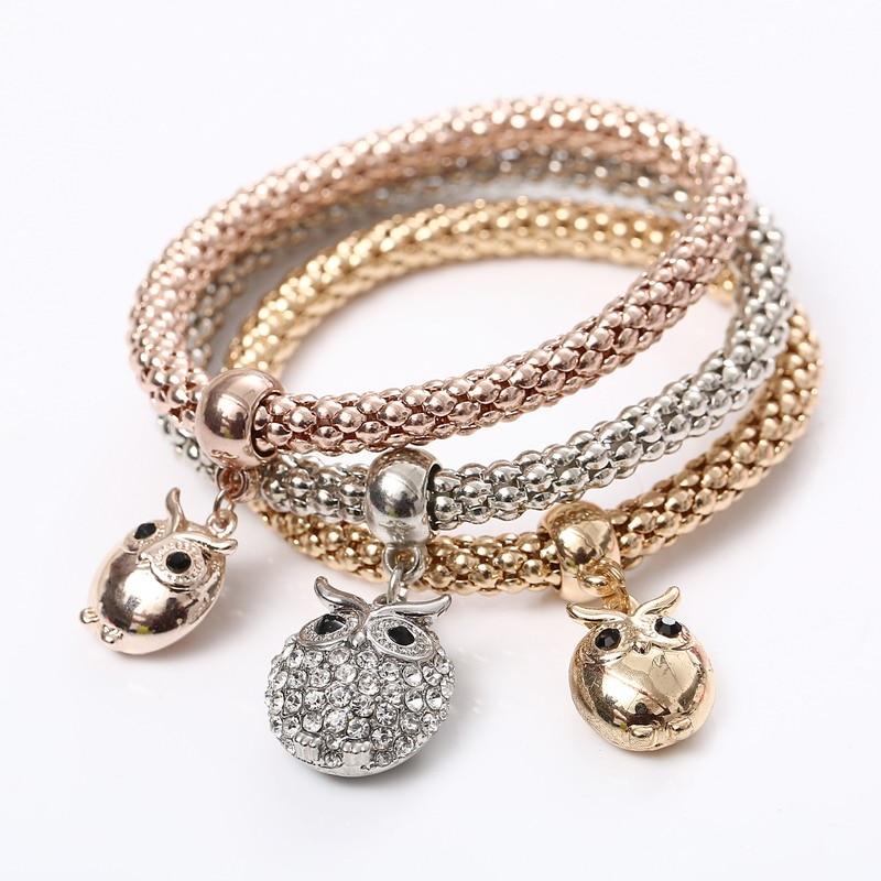 Crystal Owl Heart Charm Bracelets And Bangles Gold Alloy Elephant Anchor Pendants Rhinestone Bracelets For Women