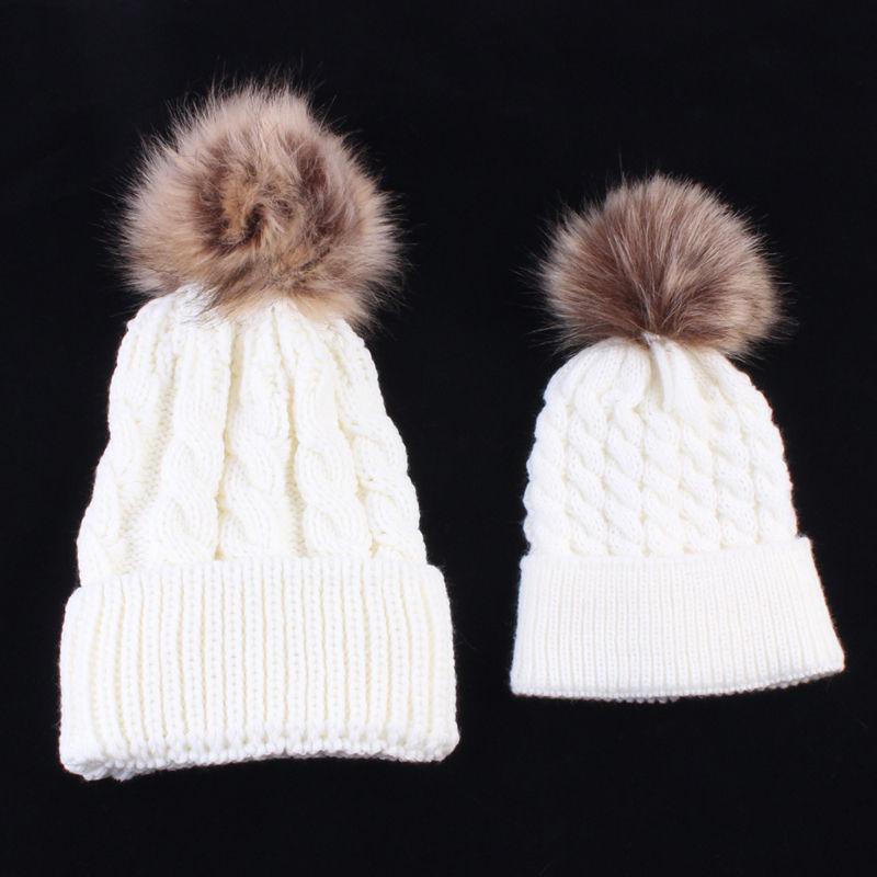 2Pcs Modern Mother & Baby Child Warm Winter Beanie Fur Pom Hat Crochet Ski Cap For Winter