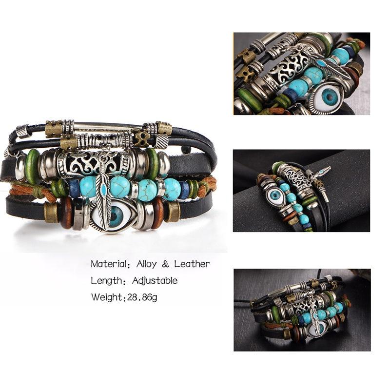 BOHO Tibet Stone Feather Multilayer Leather Bracelet Eye Fish Charms Beads Bracelets For Men Vintage Punk Wrap Wristband Cool Jewelry