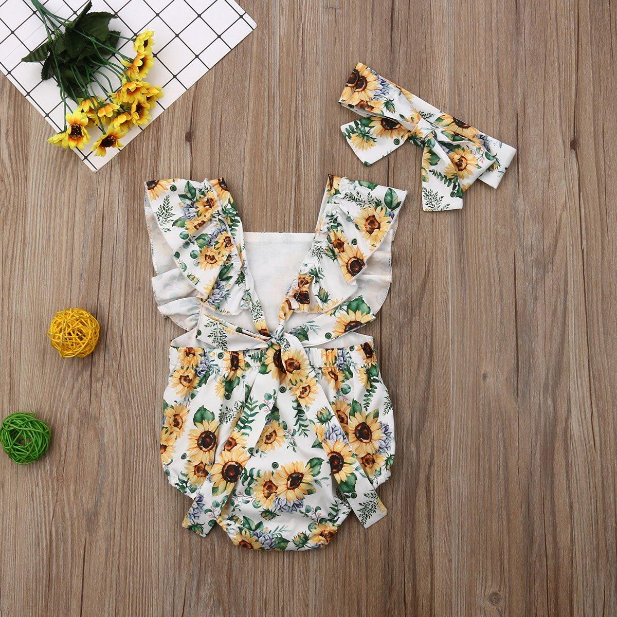 Modern Elegant Baby Girl Floral Romper Jumpsuit Playsuit Clothes Sun suit Baby Clothing WIth Sunflower Design And Bow