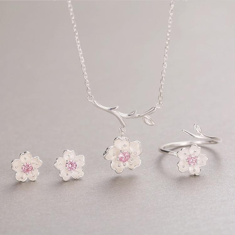 Fashion Wedding Bridal Jewelry Sets Silver Color  Zirconia Flower Choker Necklaces Earring For Women In Flower Design