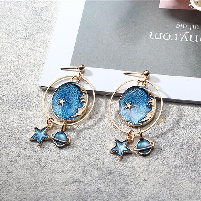 New Modern Fashion Blue Space Universe Elegant Moon Star Luxury Earrings For Women Perfect Gold Color Universe Planet Circle Asymmetry Trendy Long Earrings