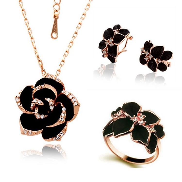 Modern Fashion Rose Flower Enamel Elegant Jewelry Set Luxury Rose Gold Color Black Painting New Bridal Jewelry Sets For Women Wedding