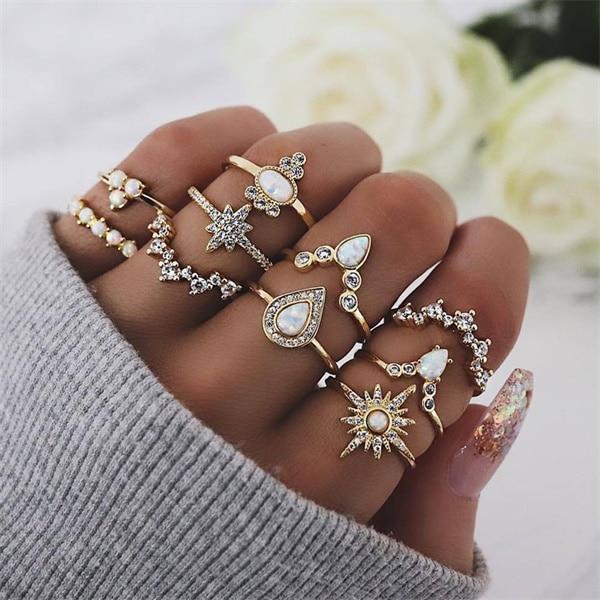 Trend Boho Vintage Gold Star Moon Rings Set For Women In Opal Crystal Ring Design Female Bohemian Jewelry  Style