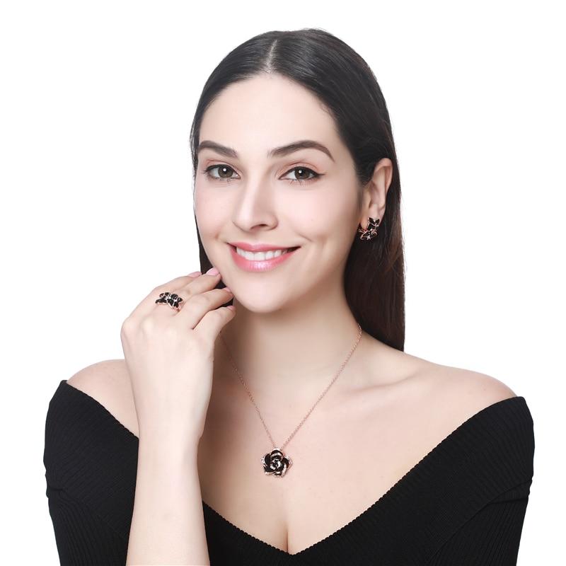 Modern Fashion Rose Flower Enamel Elegant Jewelry Set Luxury Rose Gold Color Black Painting New Bridal Jewelry Sets For Women Wedding