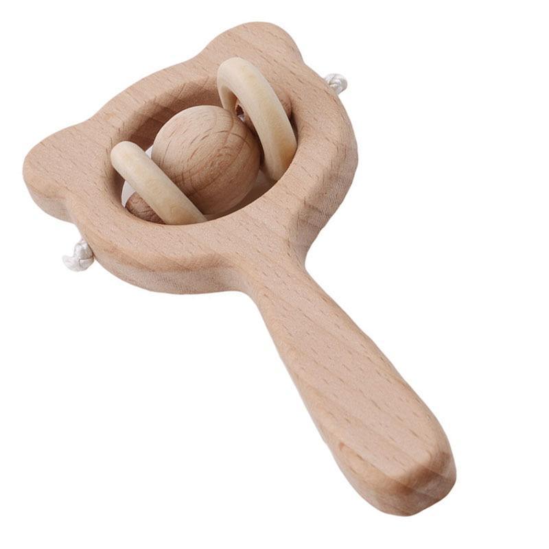 Modern Wooden Rattle Beech Bear Hand Teething Wooden Ring Baby Rattles Play Educational Toys For Kids