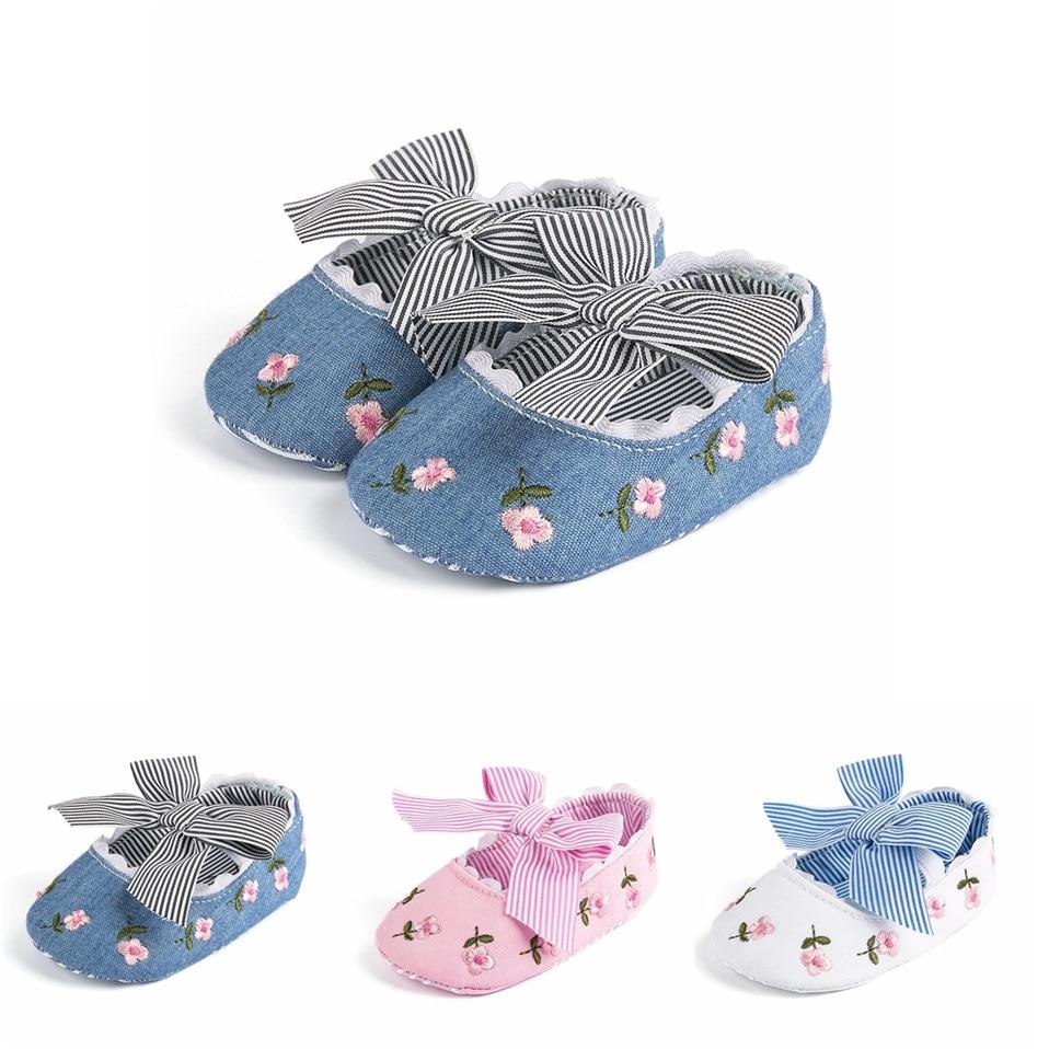 Baby Girl Newborn Shoes Floral Embroidery Striped Bowknot First Walker Soft Soles Anti-Slip Princess Shoes