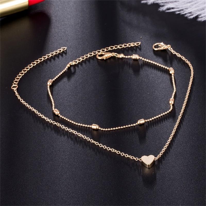 Two Layers Chain Heart Style Gold/Silver Color Anklets Brecelets  For Women Jewelry On Foot Leg Brecelets