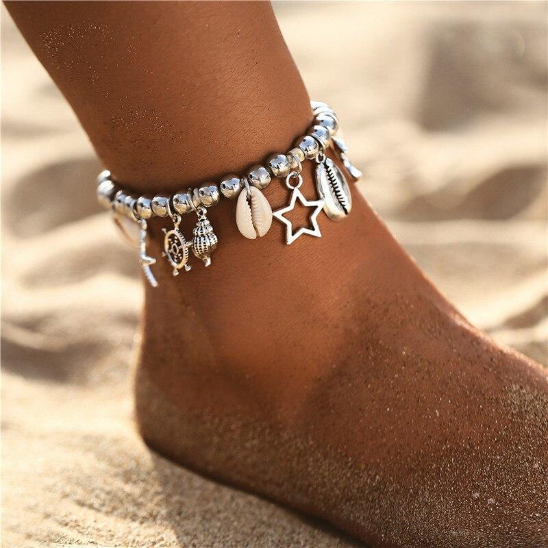 Bohemian Starfish Stone Anklets Set For Women Handmade Wave Anklet Bracelet on Leg Jewelry