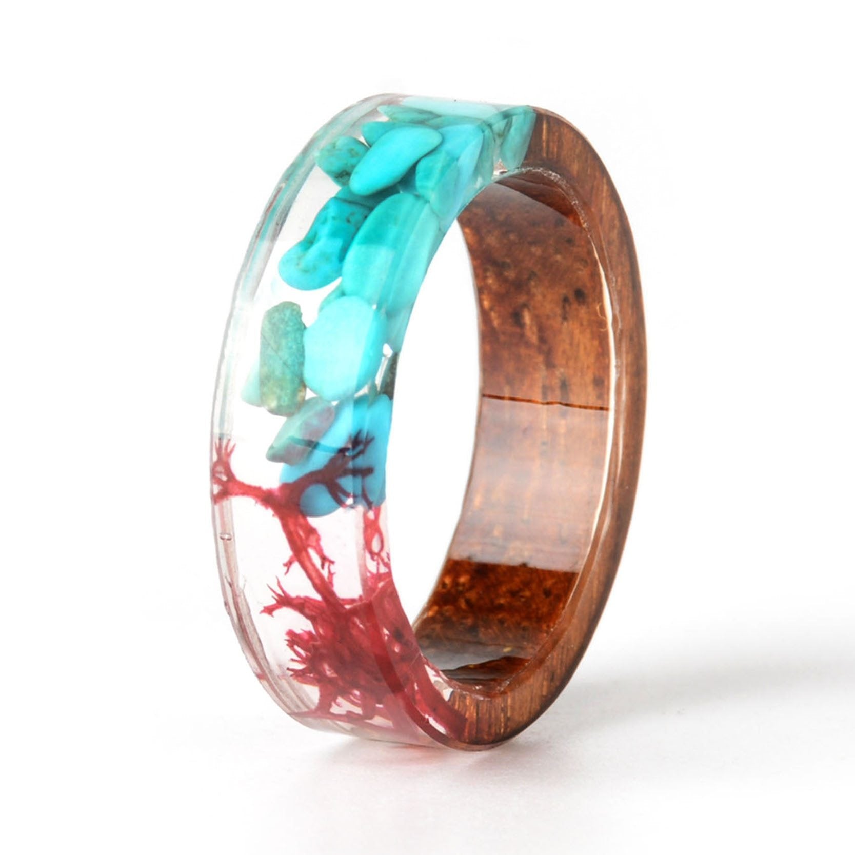 Handmade Elegant Romantic Dried Colorful Real Flower Wood Resin Epoxy Ring Gold Foil Inside Ring for Women