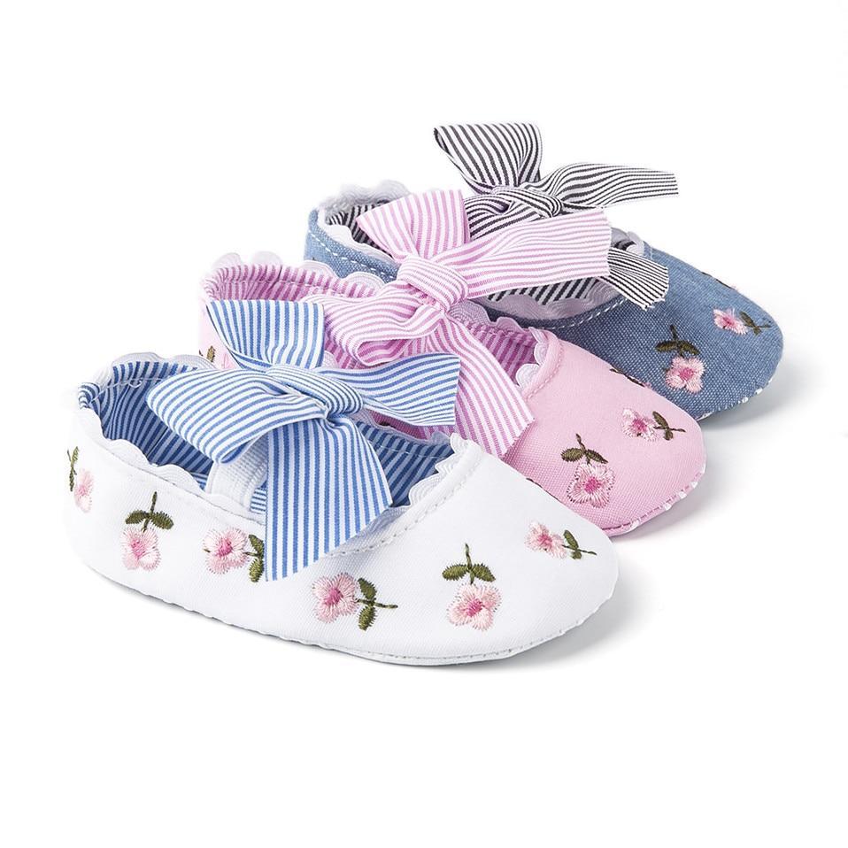 Baby Girl Newborn Shoes Floral Embroidery Striped Bowknot First Walker Soft Soles Anti-Slip Princess Shoes