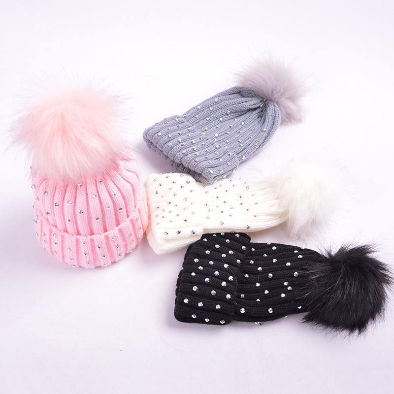 Luxury Baby Kids Pompom Newborn Baby Hat Cap Knitted Warm Hats With Rhinestone for Baby Girl/Boy Beanie Soft Toddler Hat