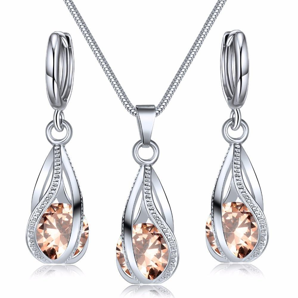 Luxury Diamond Crystal Shiny 925 Sterling Silver Elegant New Fashion Crystal Jewelry Set Zircon Necklace Earrings Set Decoration For Her