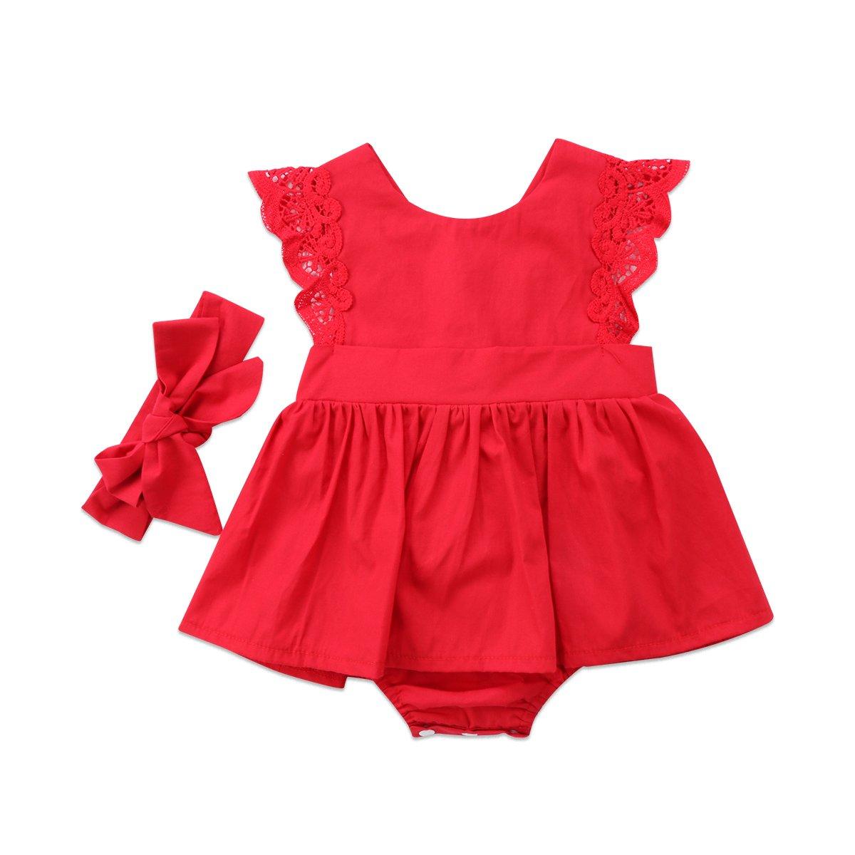 Modern Baby Girl Ruffle Red Lace Romper Party Cotton Dresses with a headband for Newborn And Girls 0-24Months