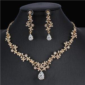 Classic Bridal Jewellery Sets for Women's Dresses Accessories Cubic Flower Necklace Earrings Set Gold Color