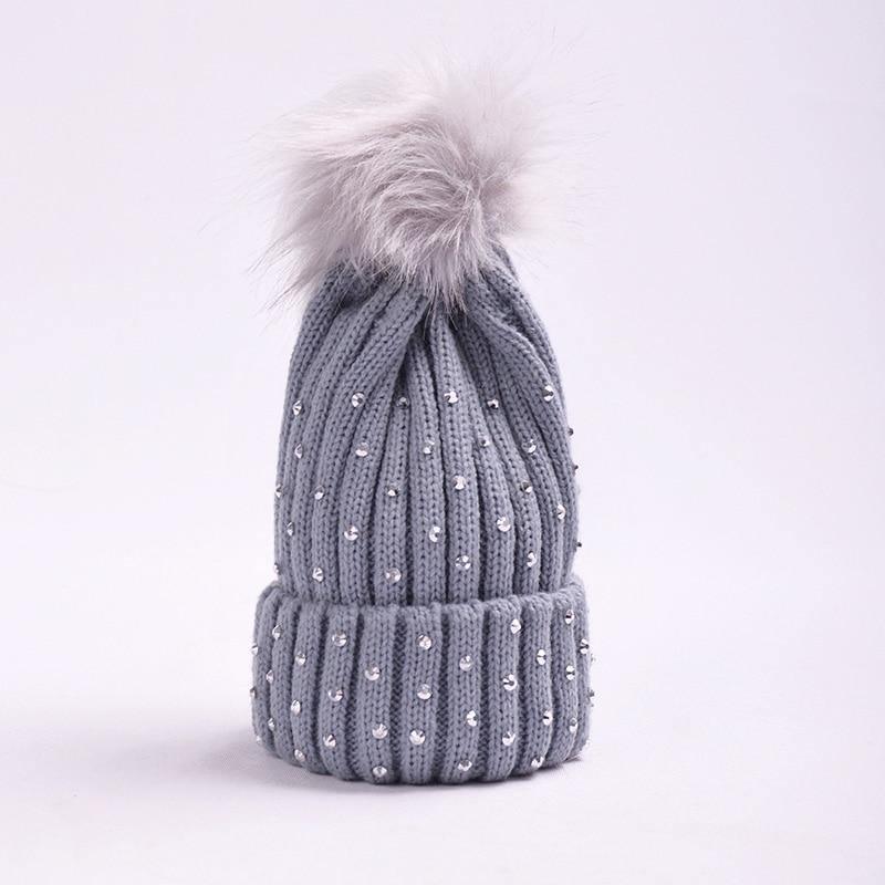 Luxury Baby Kids Pompom Newborn Baby Hat Cap Knitted Warm Hats With Rhinestone for Baby Girl/Boy Beanie Soft Toddler Hat