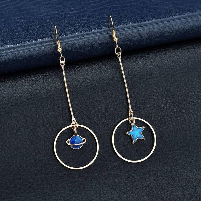 New Modern Fashion Blue Space Universe Elegant Moon Star Luxury Earrings For Women Perfect Gold Color Universe Planet Circle Asymmetry Trendy Long Earrings