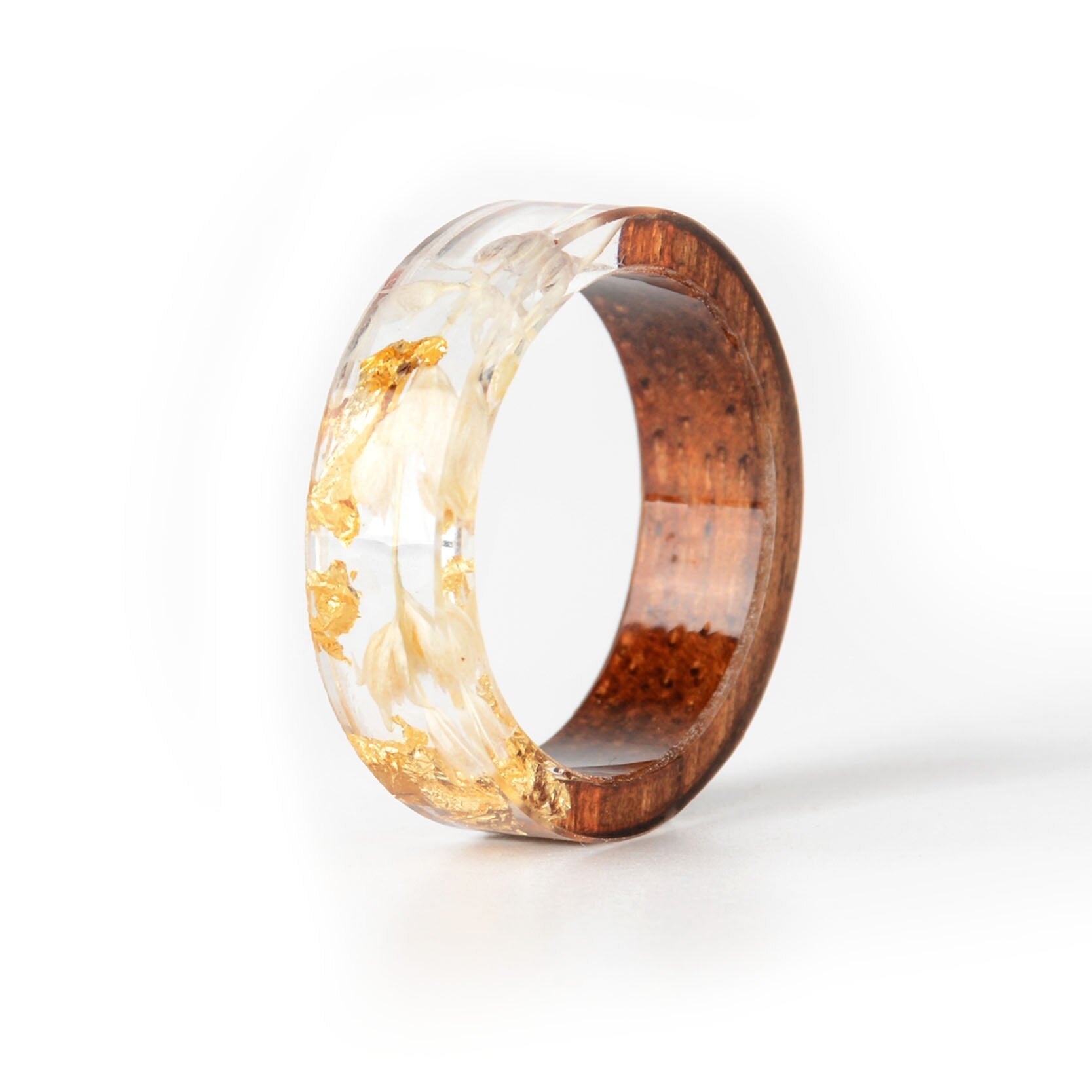 Handmade Elegant Romantic Dried Colorful Real Flower Wood Resin Epoxy Ring Gold Foil Inside Ring for Women