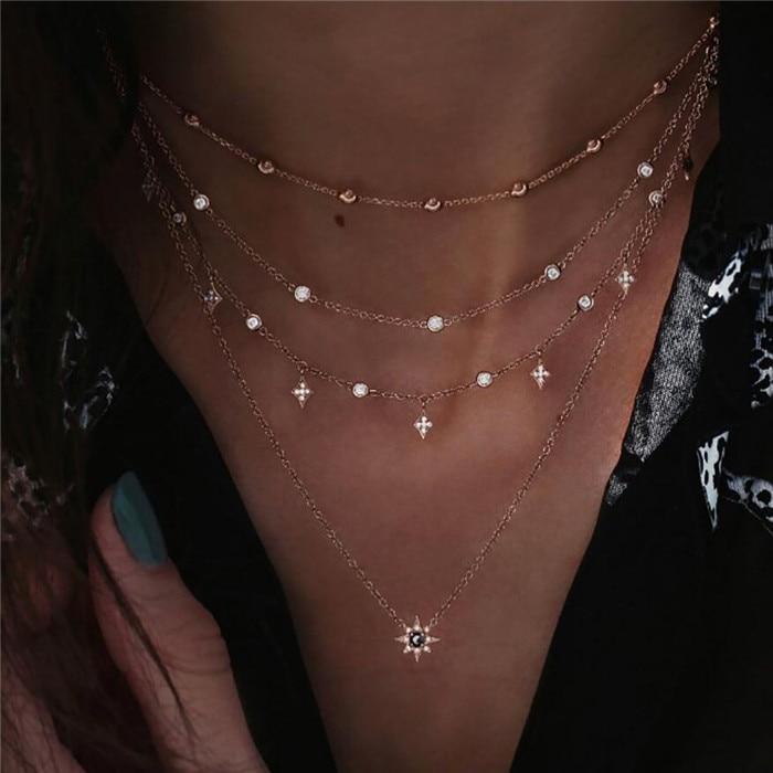 Luxury Modern Moon and Star Arabic Crystal Choker Multilayer Chain Necklaces For Women Luxury Jewelry Vintage Cool Style For Ladies