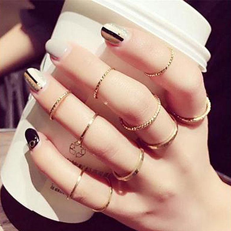 NEW 2020 Tren Bohemian Vintage Gold Crescent Geometric Ring Set for Women In Crystal Personality Design Ring Set Party Jewelry Gift