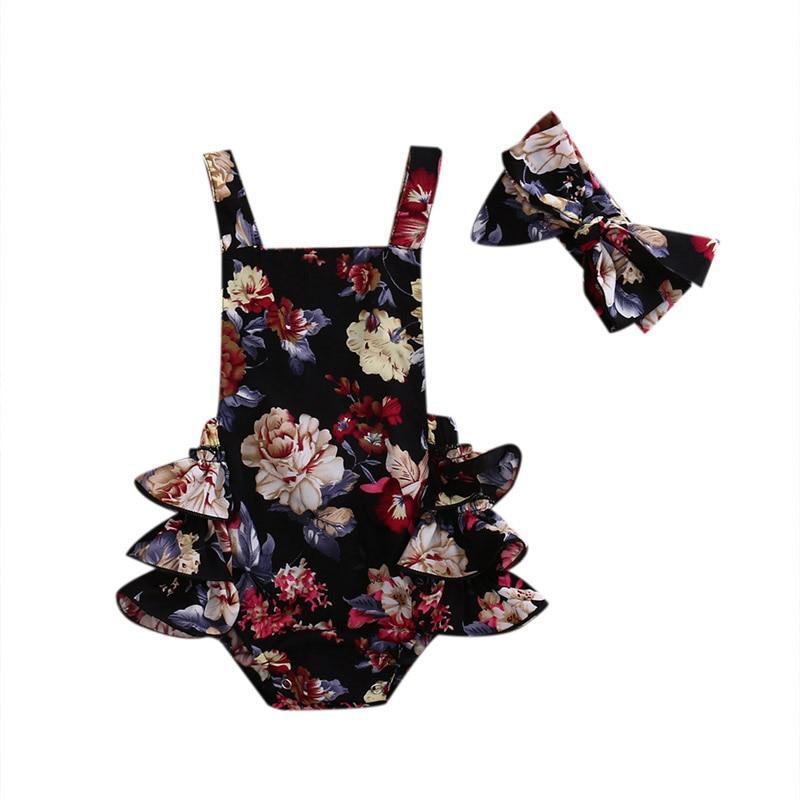 2PCS Newborn Toddler Baby Girls Clothes Flower Romper Sleeveless Jumpsuit Outfits Headband Clothes IWth Bow In Elegant Floral Design