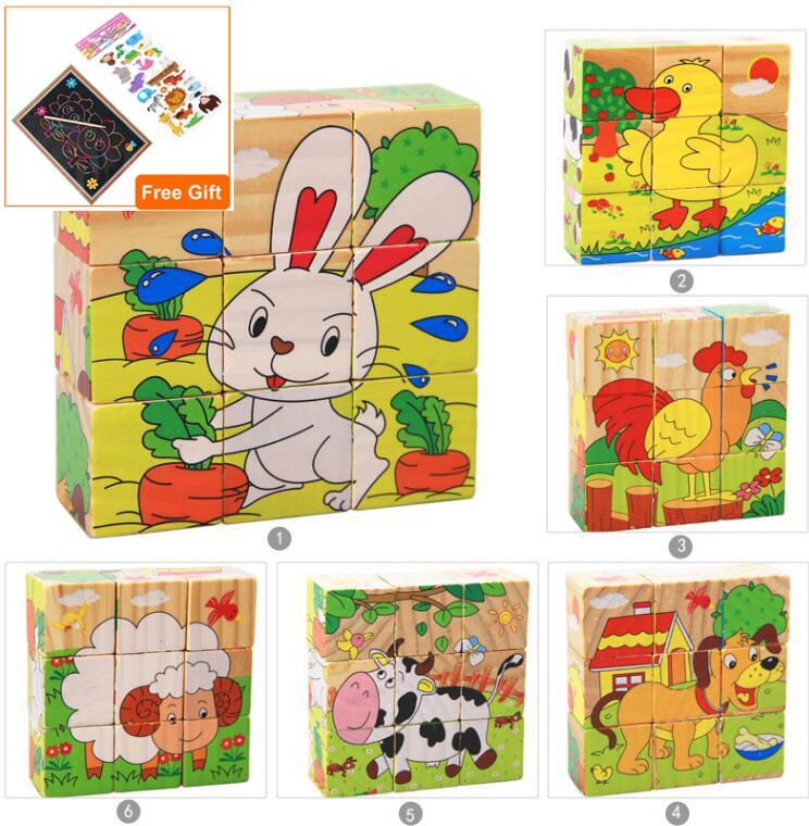 1Set Nine Blocks Six-sided 3D Wooden Cube Puzzle Toys  For Children Kids Educational Toys Funny Games