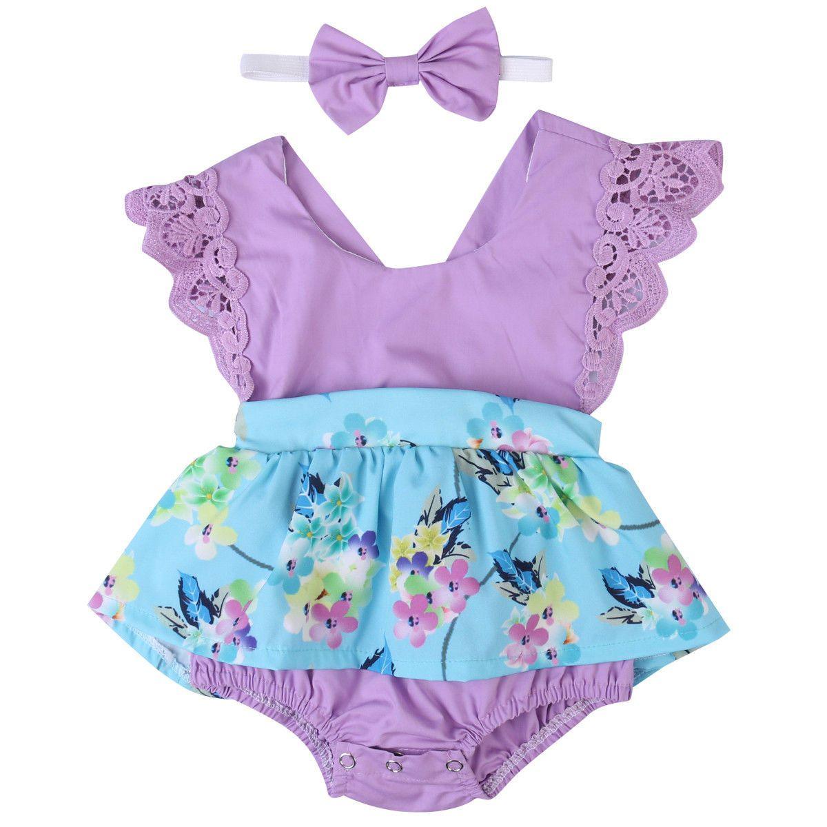 Summer Princess Floral Romper Dress For Baby Girl with Lace Sleeve+Headband For Little Princess