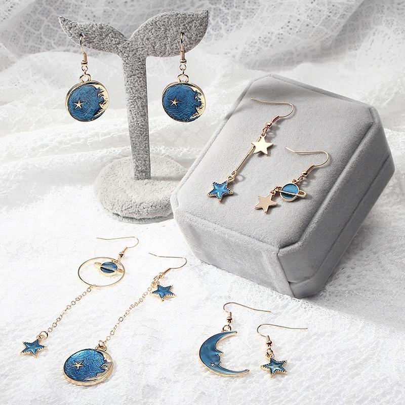 New Modern Fashion Blue Space Universe Elegant Moon Star Luxury Earrings For Women Perfect Gold Color Universe Planet Circle Asymmetry Trendy Long Earrings