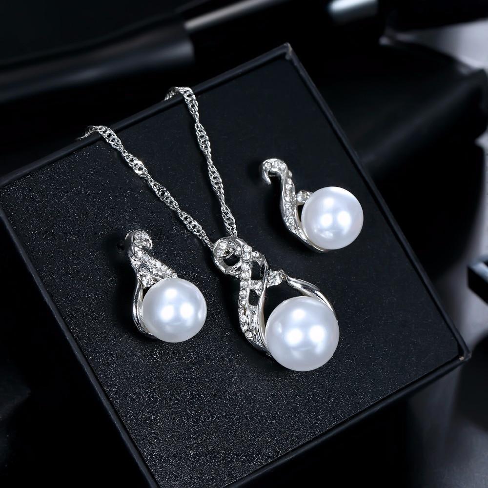 Trendy Elegant Luxury Jewelry Sets Wedding Silver Color Earrings Simulated Pearl Jewelry Set Women Necklace Set  For Women and Ladies