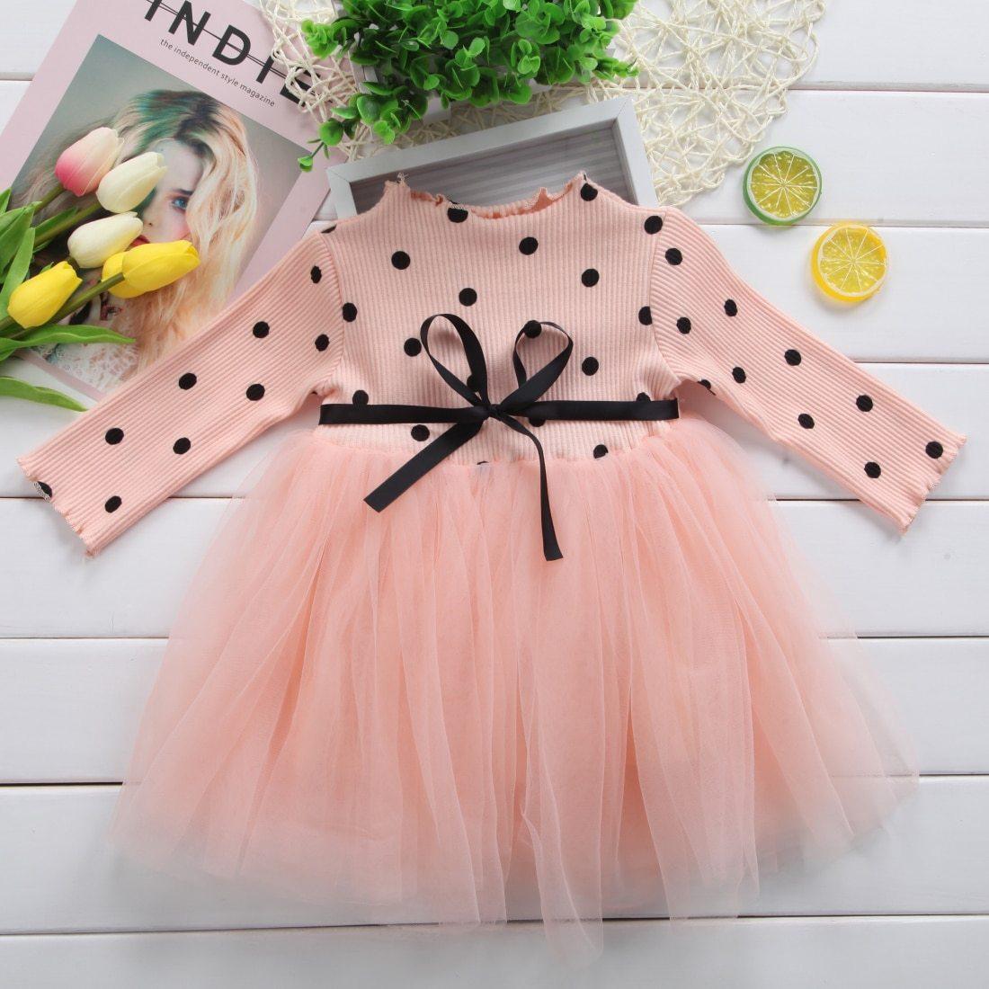 Princess Long sleeve Baby Girl Dress Newborn Infant Baby Girl Clothes WIth Bow And Dot Tutu Ball Gown Party Dresses Baby Kid Girl clothes In Elegant Style