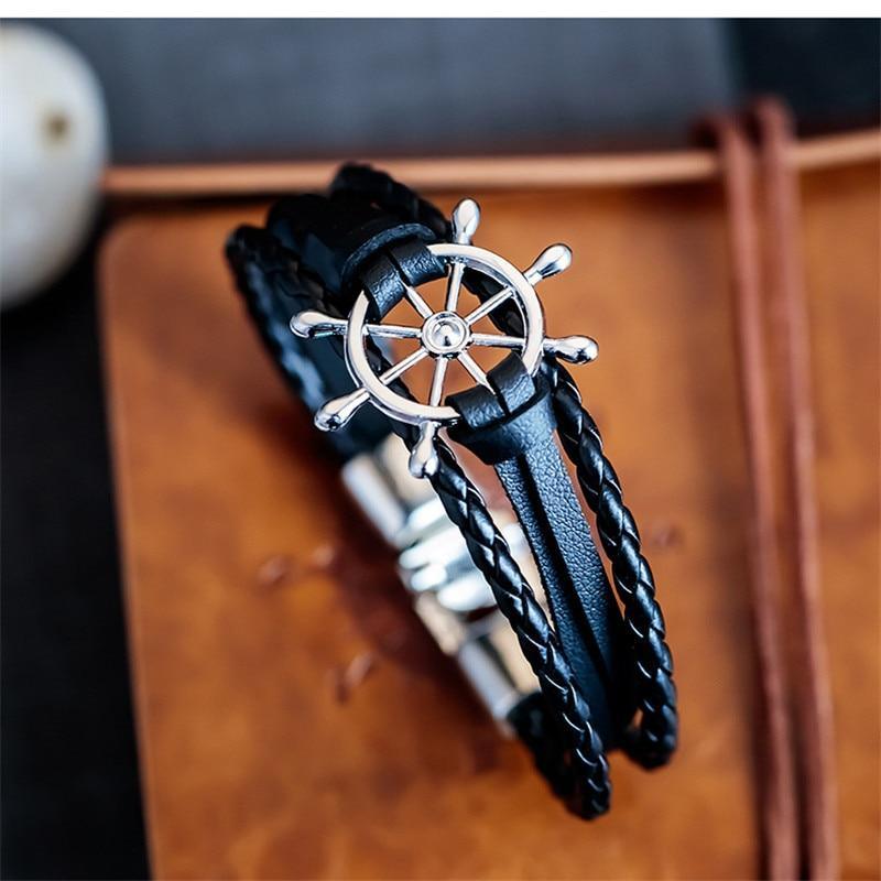 Black Leather Charm Bracelets Elegant For Men Couple Hope Rudder Bracelets Bangles For Men Women Femme Homme Fashion Jewelry Gift