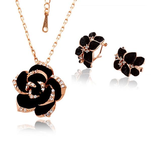 Modern Fashion Rose Flower Enamel Elegant Jewelry Set Luxury Rose Gold Color Black Painting New Bridal Jewelry Sets For Women Wedding