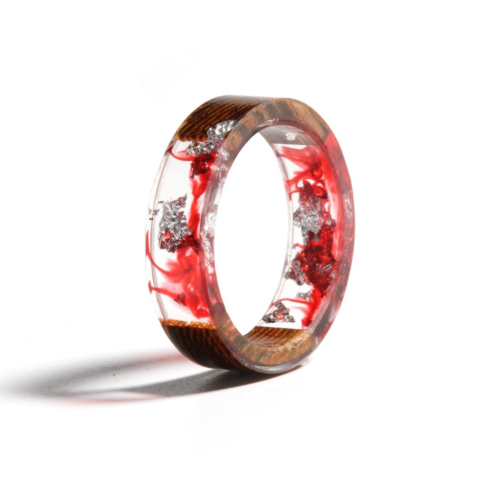 Handmade Wood Resin Ring Dried Flowers Plants Inside Jewelry Resin Ring Transparent Anniversary Ring for Women and Men In Modern Style