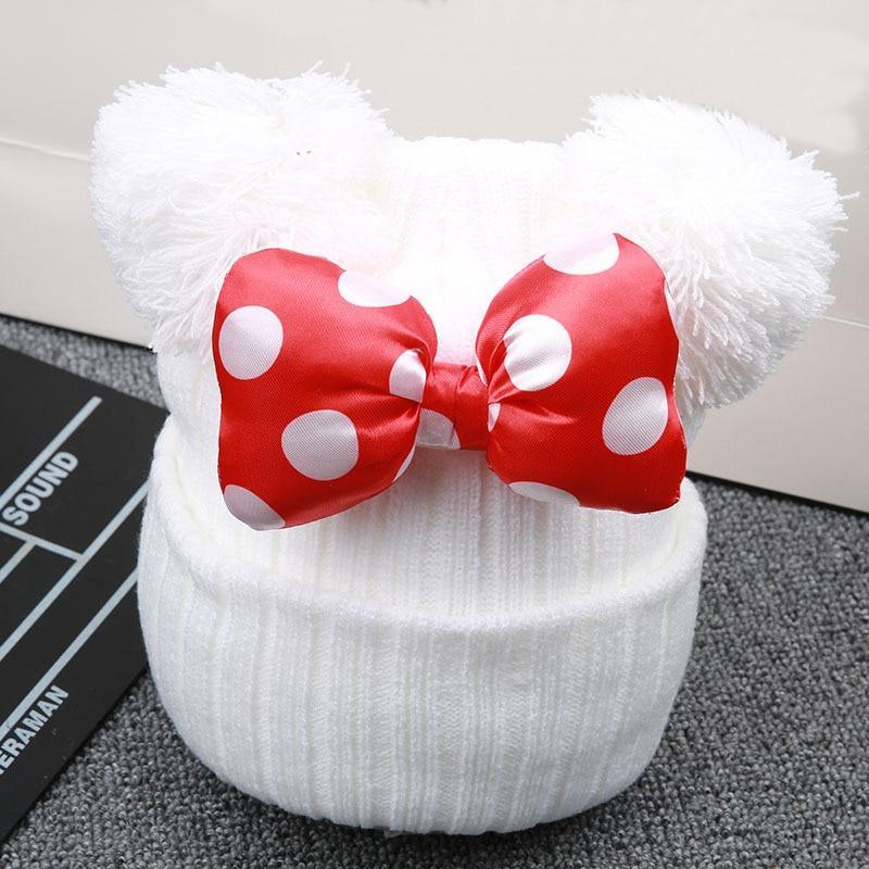 Modern Cartoon Big Bow Baby Hat Cap Kids Knitted Cotton Beanie  Warm Girls Double Pompom Hats