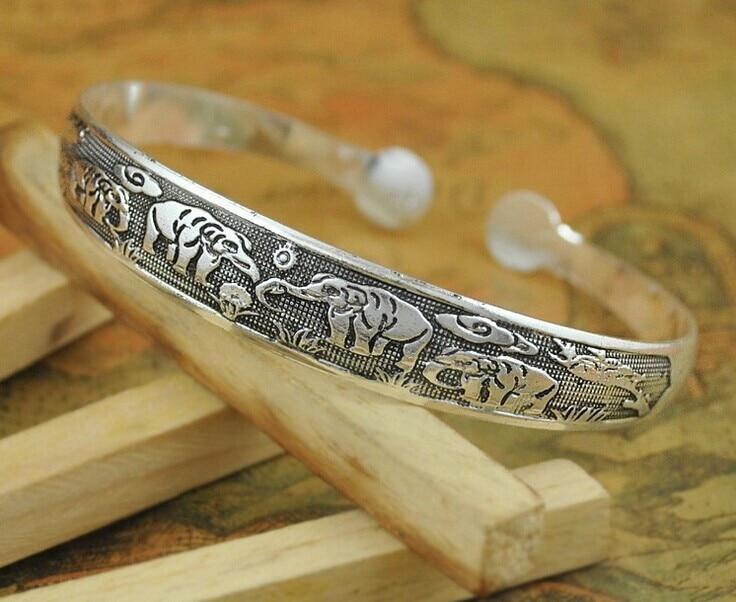 Big Elegant Luxury Amazing Classic Fashion Flower Metal Tibetan Indian Silver Vintage Retro Fashion Cuff Bracelet Bangle For Woman With Details of Animals