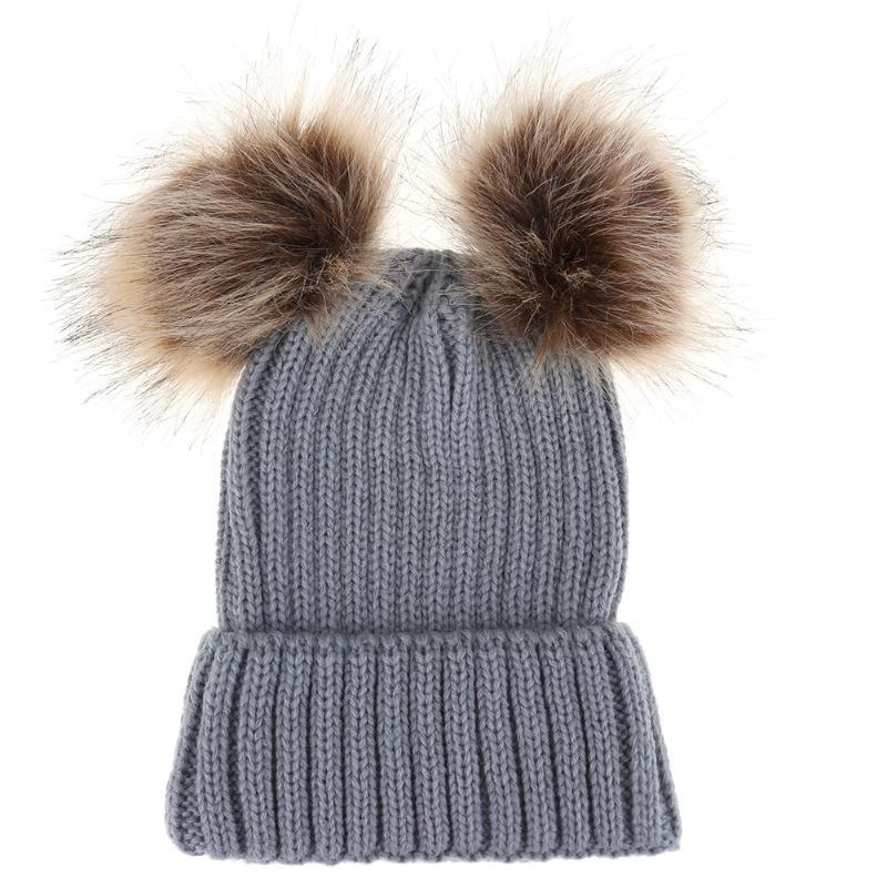 Fashion Parent-child Caps Cute Infant Baby Pom Pom Cap Winter Double Fur Ball Hat Baby Mom Warm Knitted Hat