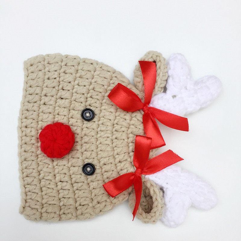 Luxury Handmade Christmas Newborn Infant Baby Boys and  Girls Hats Cartoon Crochet Knitted Bowknot Deer Baby Cap For Winter