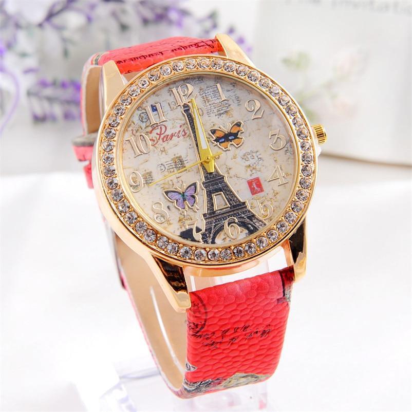 Fashion Paris Style Tower Butterfly PU Leather Women Watch Wrist Watch Ladies Watch For Women and Ladies and Girls