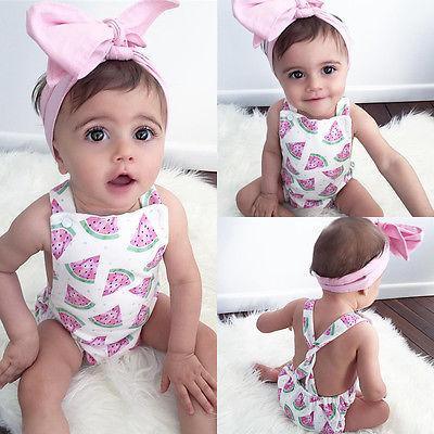 Baby Girls Romper Jumpsuit Headband Watermelon Printed Outfits Sun suit Set New 0-24M In Modern Design