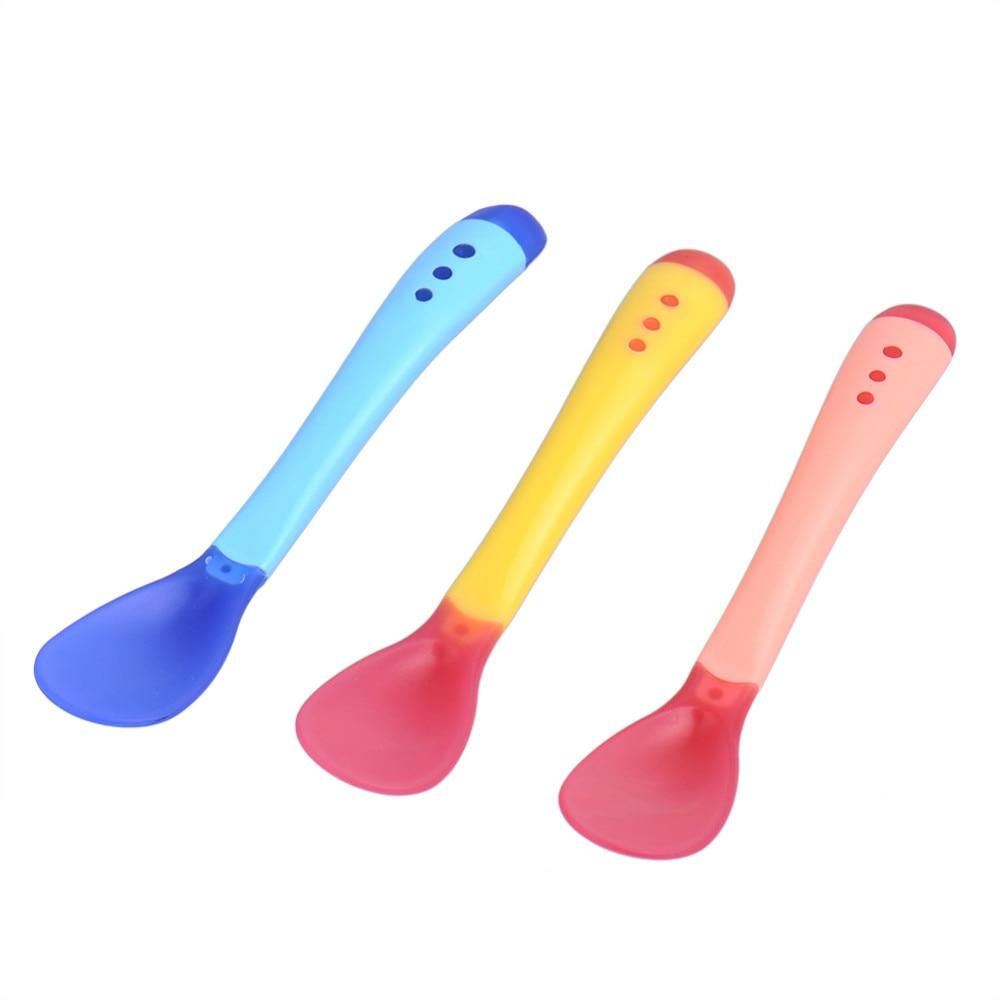 1pcs Baby Spoon Feeder Flatware New Safety Baby Learning Dinnerware Temperature Sensing Baby Feeding Spoon Soft Silicone For Boys And Girls