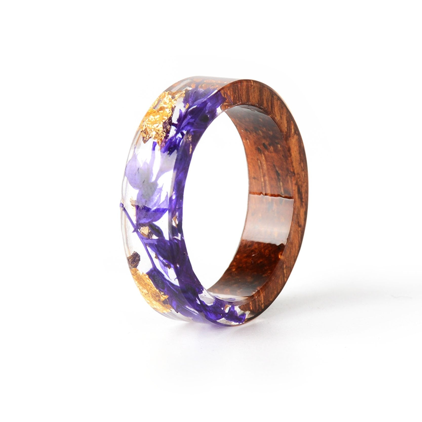 Handmade Wood Resin Ring Dried Flowers Plants Inside Jewelry Resin Ring Transparent Anniversary Ring for Women and Men In Modern Style