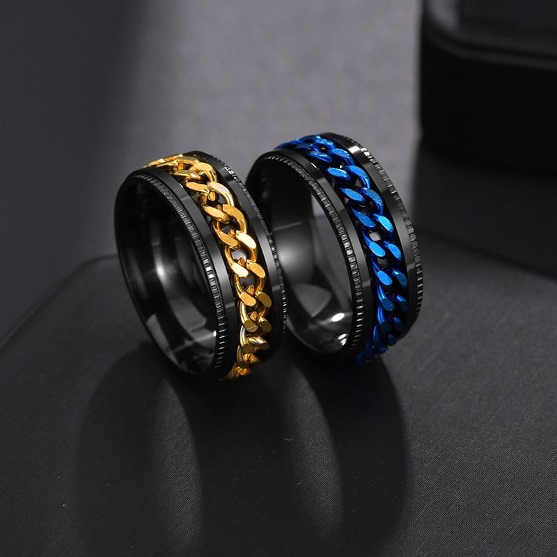 Titanium Stainless Steel Chain Spinner Ring For Men Blue Gold Black Punk Rock Rings Accessories Jewelry Gift