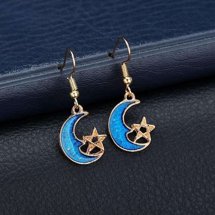 New Modern Fashion Blue Space Universe Elegant Moon Star Luxury Earrings For Women Perfect Gold Color Universe Planet Circle Asymmetry Trendy Long Earrings