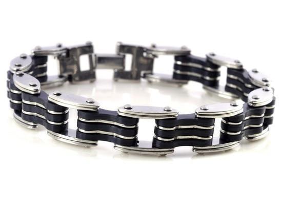 Men Stainless Steel Link Chain Bracelets & Bangles Men's Cuff  Wristband Biker Motorcycle Black Silicone Bracelet