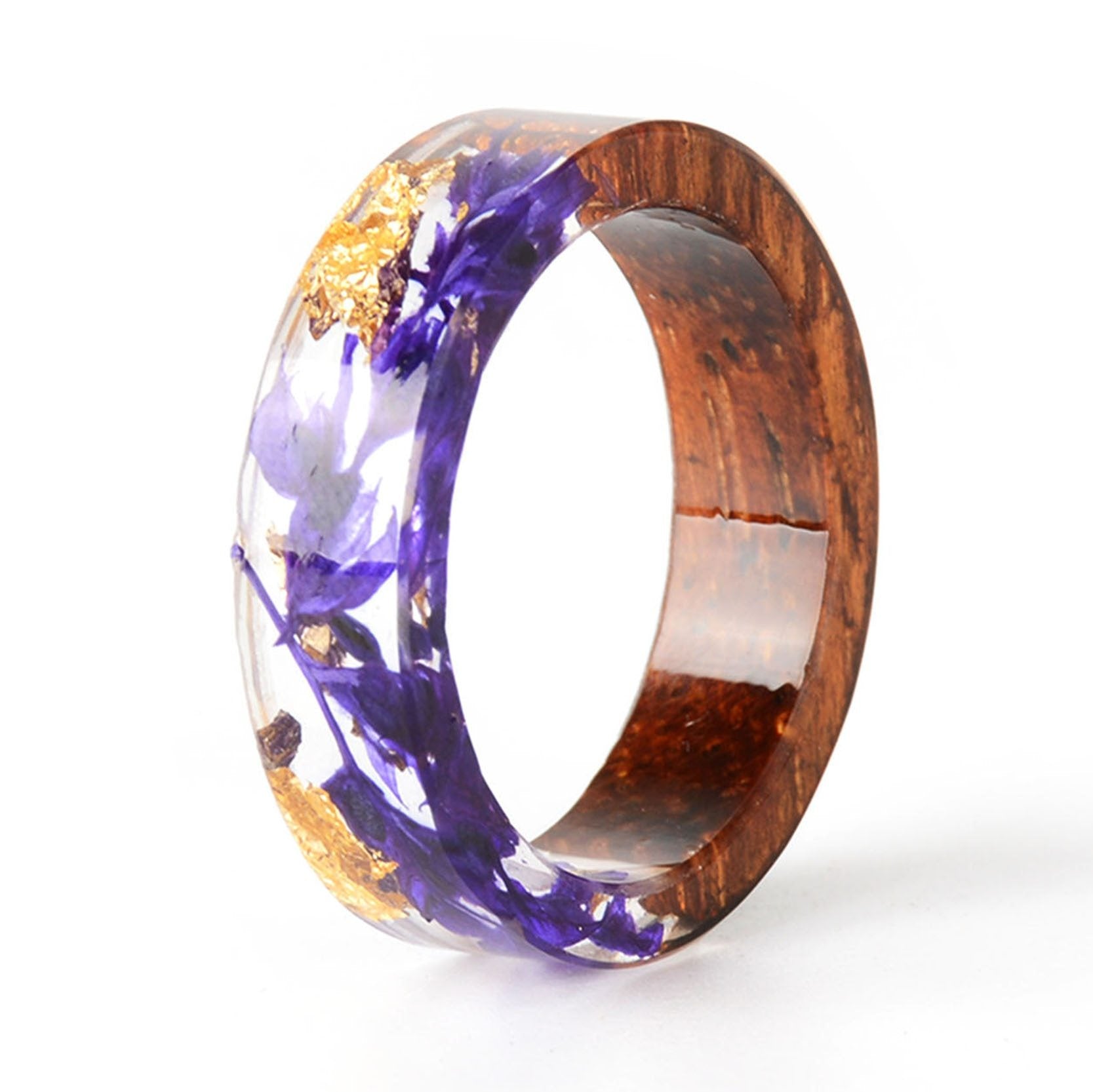 Handmade Elegant Romantic Dried Colorful Real Flower Wood Resin Epoxy Ring Gold Foil Inside Ring for Women