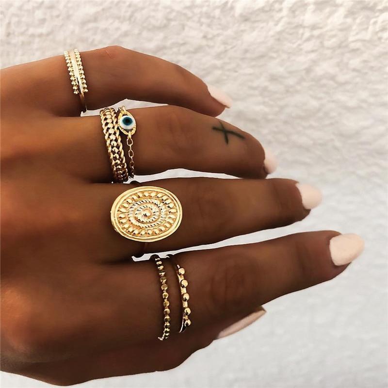 NEW 2020 Tren Bohemian Vintage Gold Crescent Geometric Ring Set for Women In Crystal Personality Design Ring Set Party Jewelry Gift